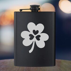 Personalized Engraved Irish Clover Hearts Black Flask